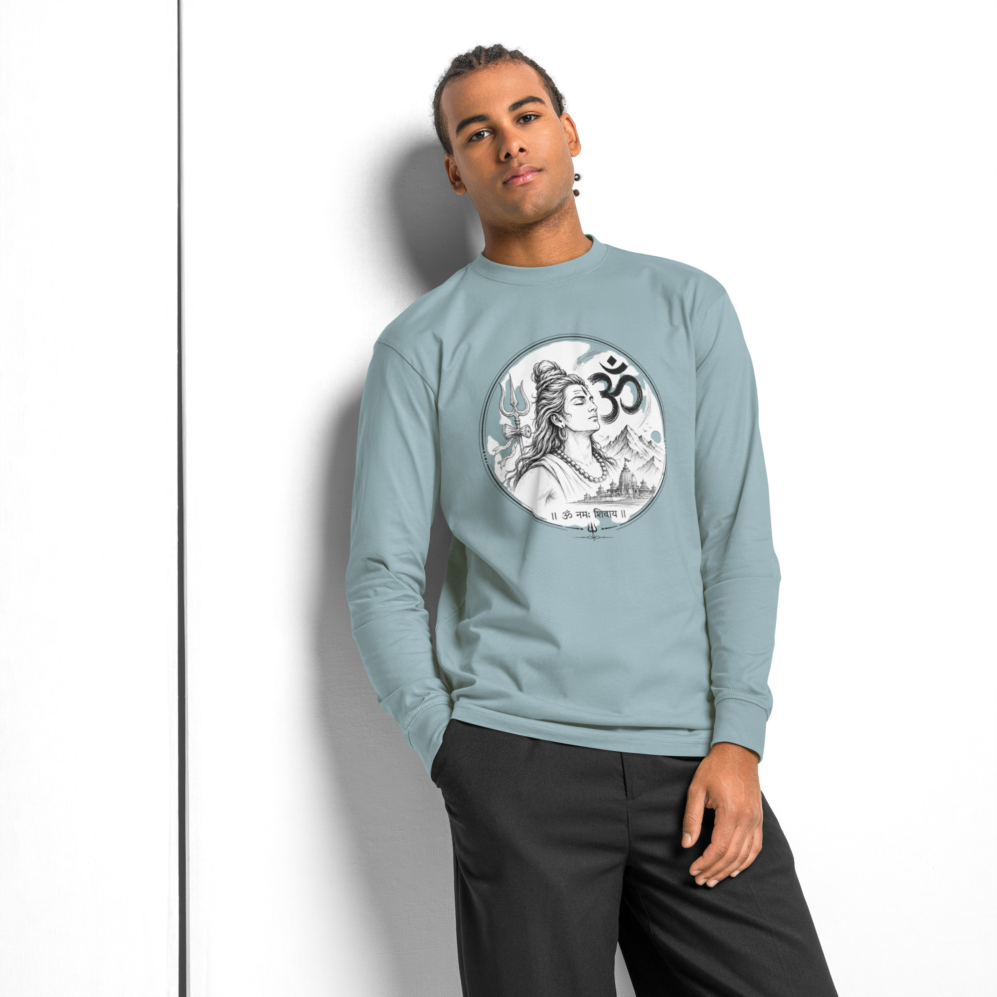 Sacred Shiva & Om Line Art Men's Heavyweight Long Sleeve T-Shirt - Image 13